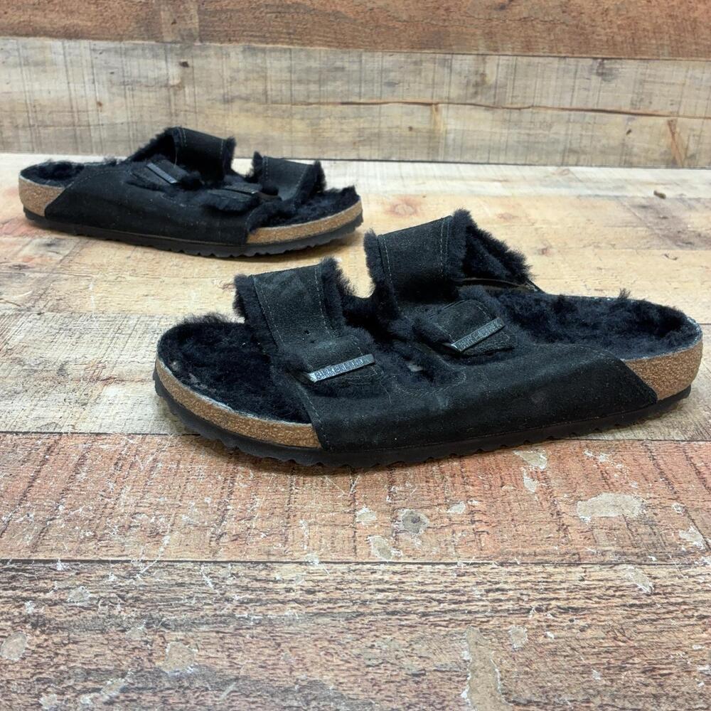 Birkenstock Arizona Sandals Womens Size 10 41 Black Suede Shearling Slide Shoes